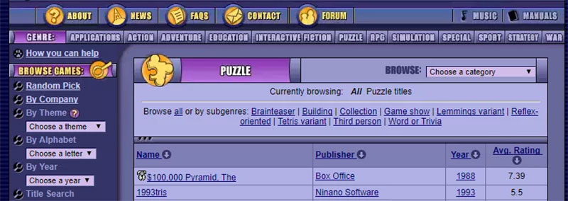 As well as by genre, the site also had subcategories. That meant users could narrow their search to something more practical, like only Lemmings-style games, fantasy sports, or 4X strategy games.
